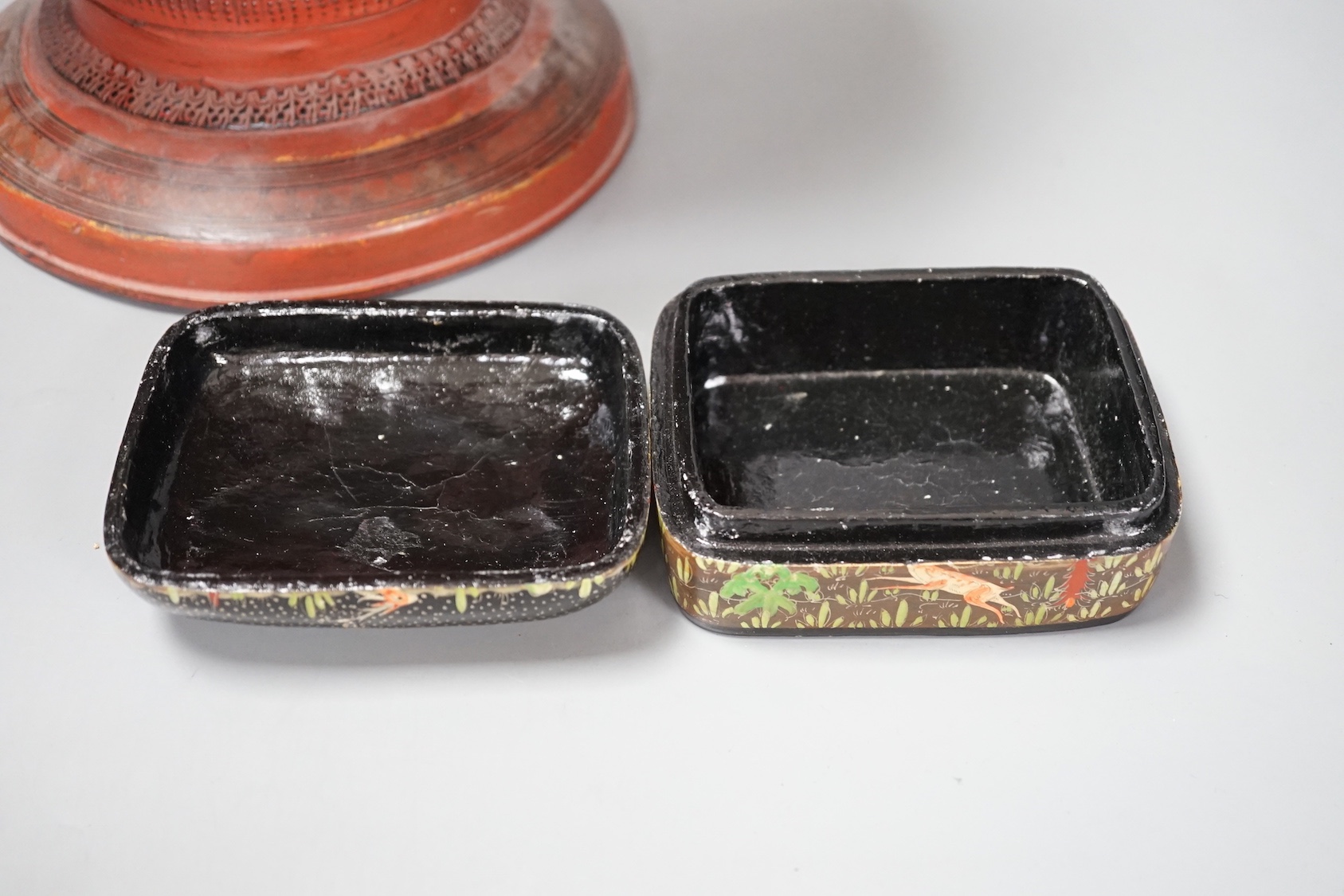 A Burmese lacquer box and cover, and a Persian lacquer box, tallest 41cm